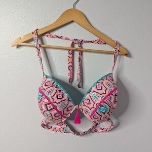 Shade & Shore Bikini Top 38D Pink Multicolor Boho Print Tassel‎ Push-Up Swim